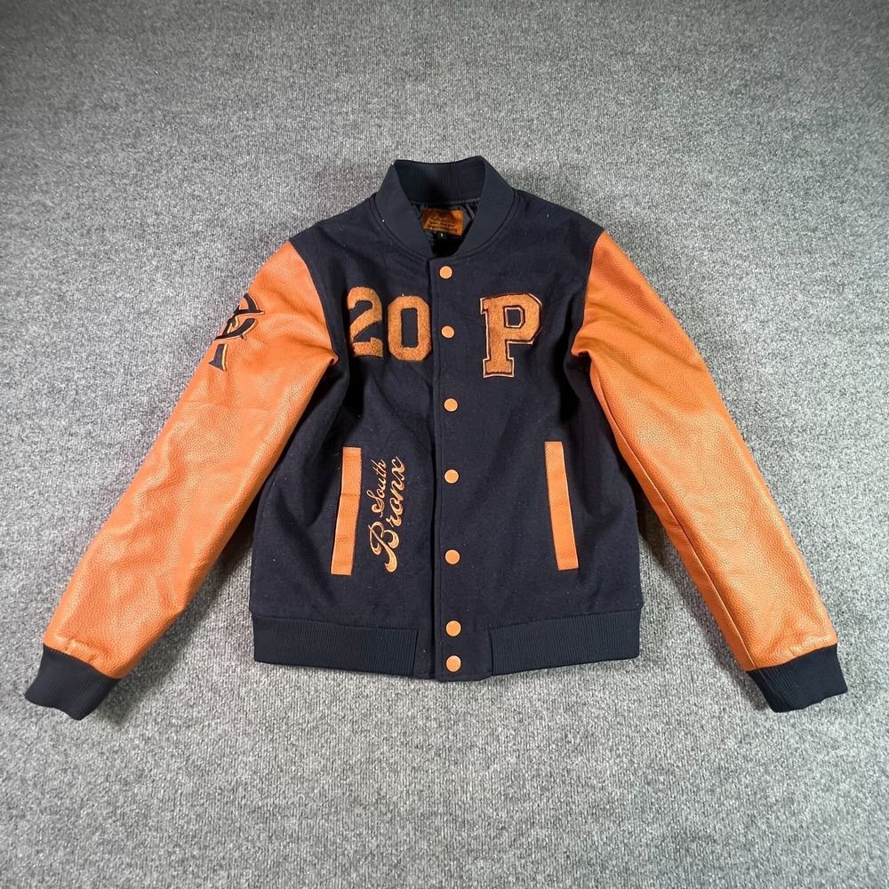 Pharos Academy Gulls Varsity Jacket Mens S Blue Orange Snap Front Leather Sleeve